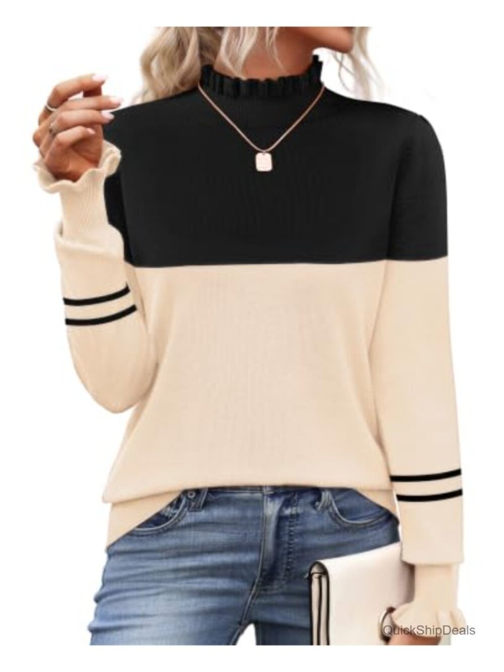 Turtleneck Sweater Ruffle Mock Neck Knit Long Sleeve Pullover